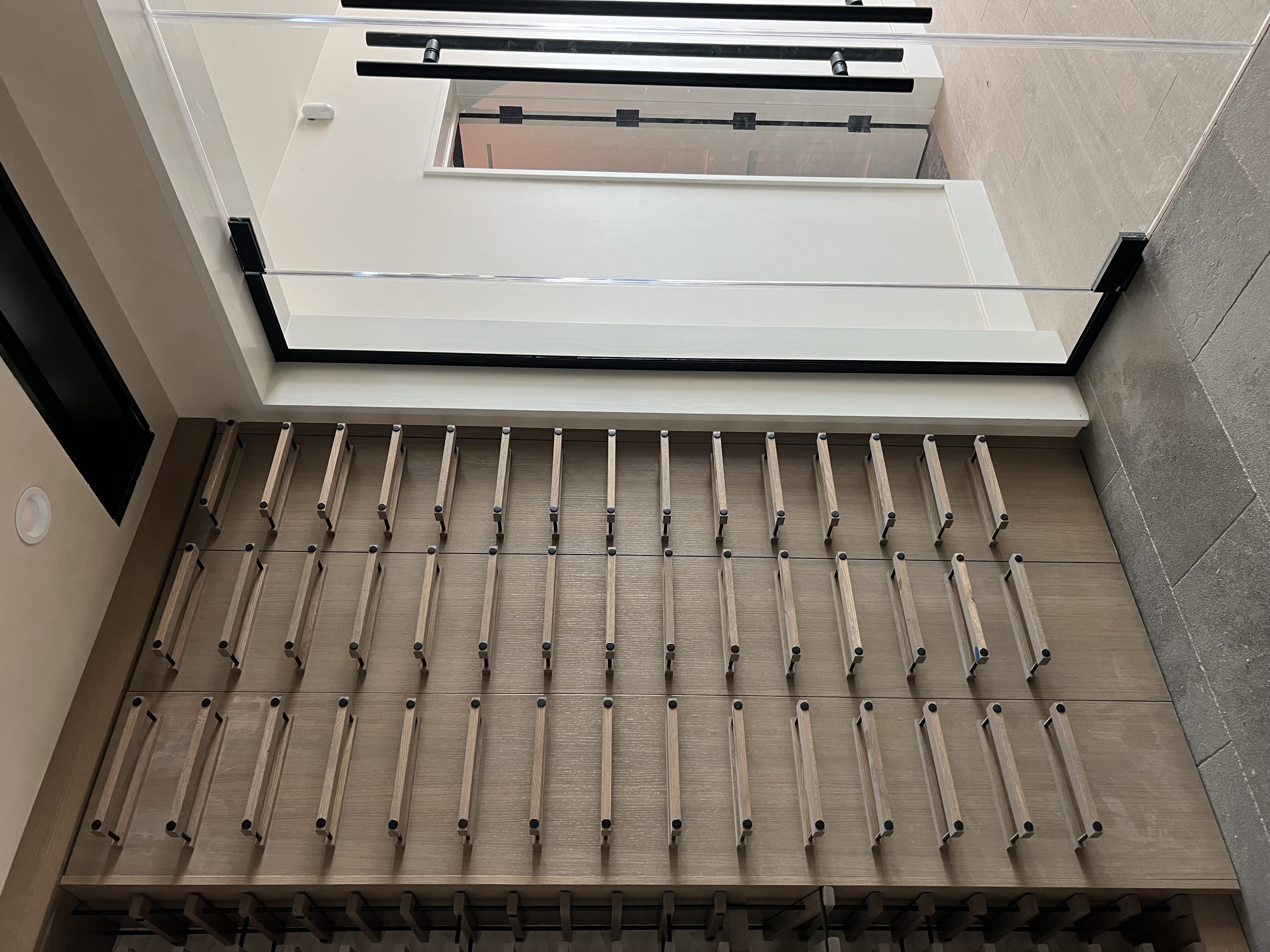 Glass wine room door with black hardware